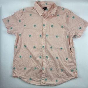 City Streets Button Down Shirt Mens XL Peach Green Palm Trees